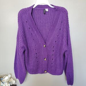 H&M Purple Cardigan Sweater Womens Size Small Chunky Knit Low Drop Button Front